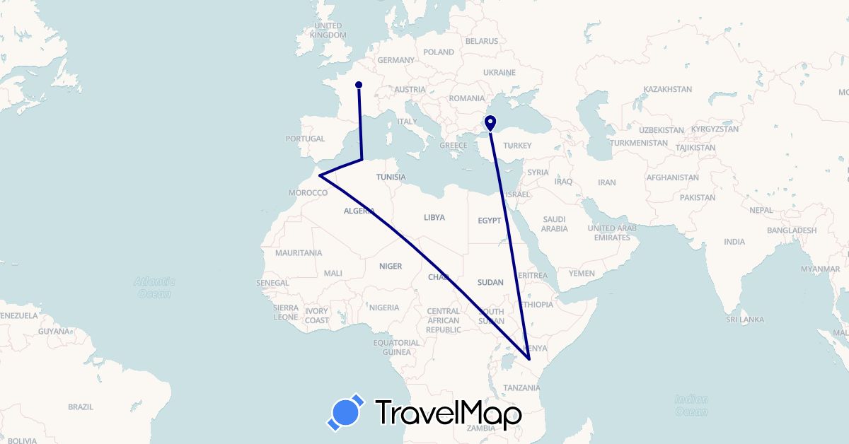 TravelMap itinerary: driving in Algeria, France, Kenya, Morocco, Turkey (Africa, Asia, Europe)